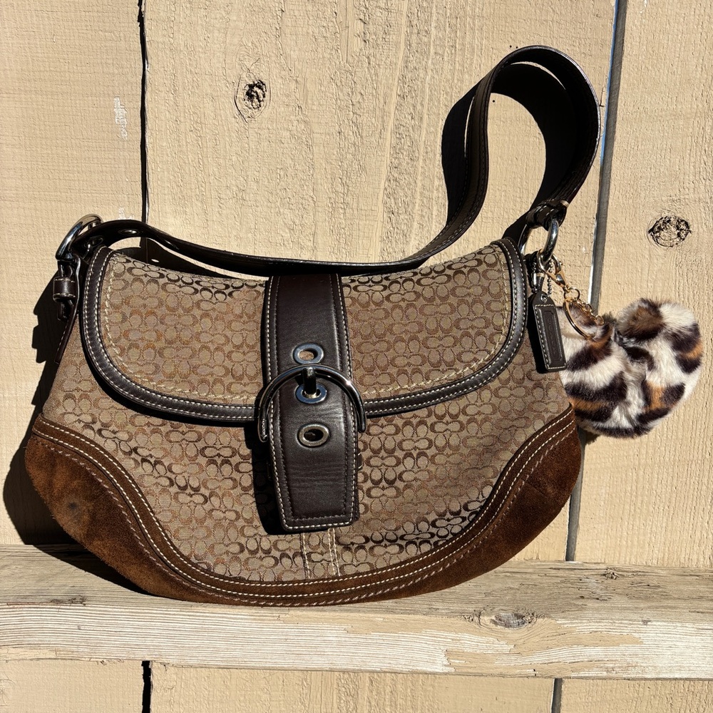 Coach Brown and Tan Signature Shoulder Bag with Fur Charm